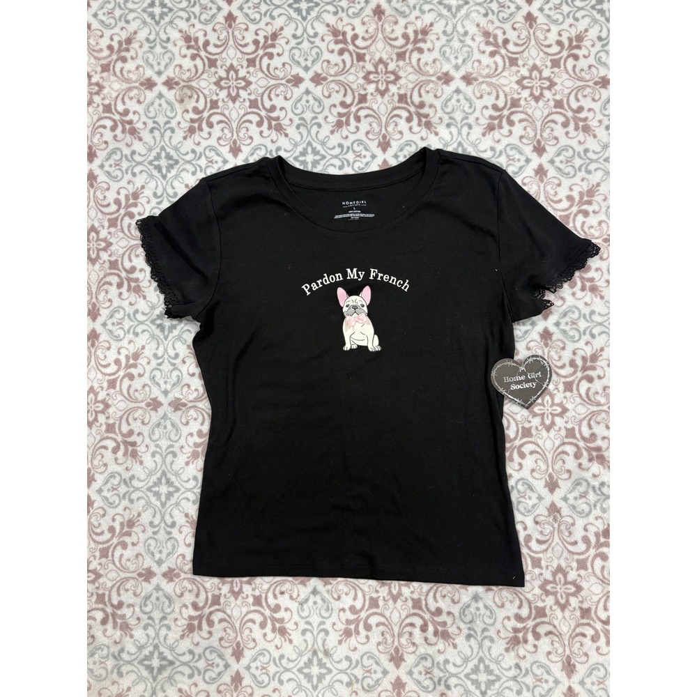 Homegirl Society Pardon My French Bulldog Lace Trim Graphic Tee Black Large